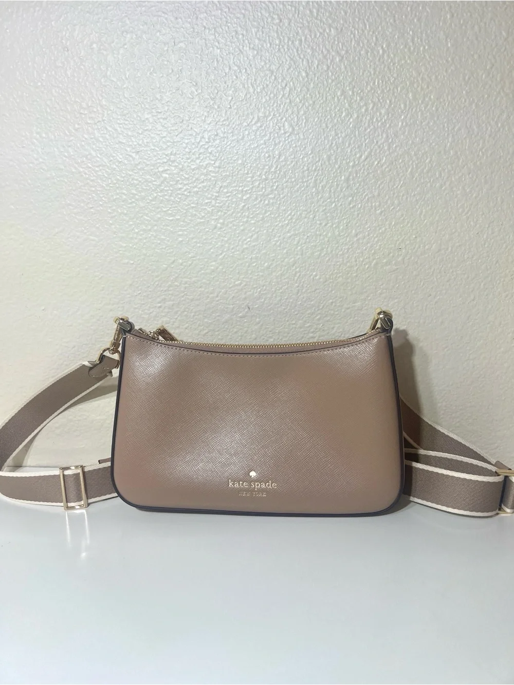 Kate Spade Taupe Pebbled Leather Crossbody with Striped Strap